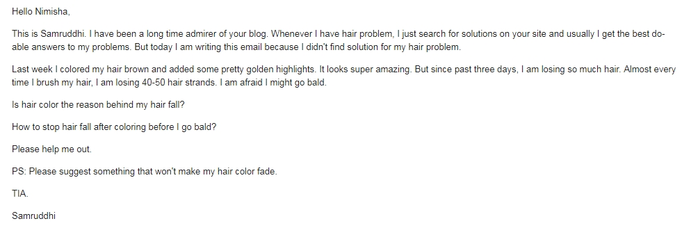 reader's query on how to control hair fall after coloring