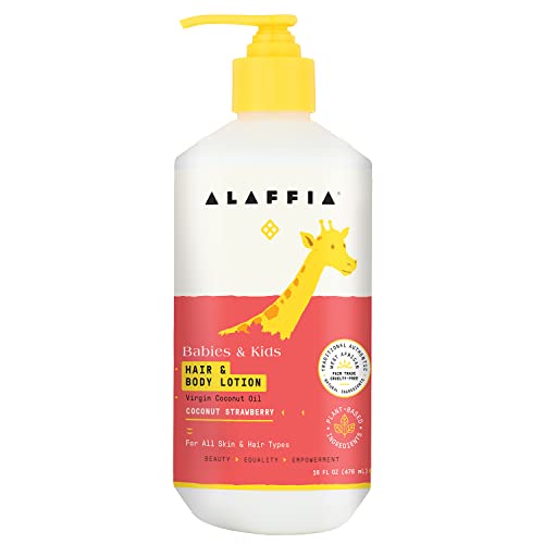 Alaffia Babies & Kids Hair & Body Lotion, Skin Care & Hair Care, Two in One Moisturizing Lotion, Leaves Skin and Hair Soft and Smooth, Coconut Strawberry 16 Fl Oz