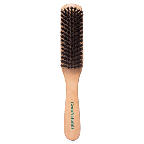 GranNaturals Boar Bristle Slick Back Hair Brush - Soft/Medium Smoothing Hairbrush to Style, Polish, & Lay Hair Down Flat to Create a Sleek Frizz Free Hairstyle for Women and Men - Wooden Handle