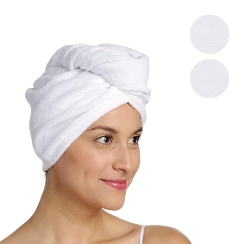 Turbie Twist Microfiber Hair Towel Wrap - for Women, Men & Kids - Travel & Bathroom Essential - Quick Dry Hair Turban for Curly, Long & Thick Hair - 2 Pack (White, White)