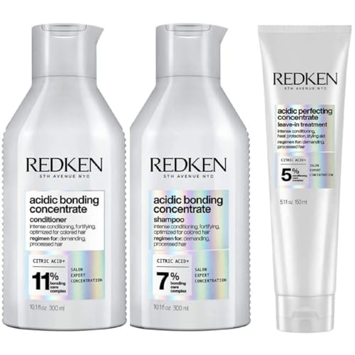 Redken Bonding Shampoo, Conditioner, & Leave-In Treatment Set for Damaged Hair | Acidic Bonding Concentrate | Repair and Strengthen Weak Hair Bonds | For All Hair Types | 10.1 Fl Oz