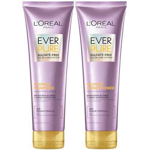 L'Oreal Paris Blonde Sulfate Free Shampoo and Conditioner for Color-Treated Hair, Neutralizes Brass + Balances, EverPure, 8.5 Fl Oz, Set of 2