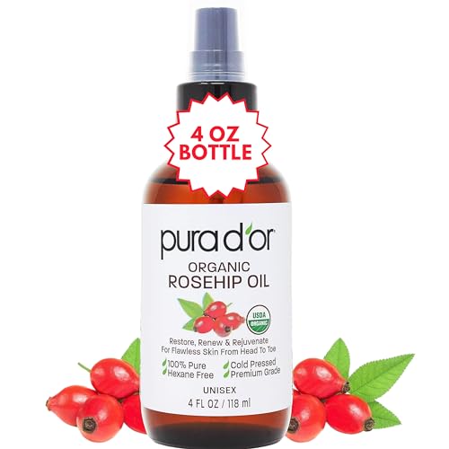 PURA D'OR 4 Oz ORGANIC Rosehip Seed Oil Hair Relaxer 100% Pure Cold Pressed USDA Certified All Natural For Anti-Aging, Scar Treatment, Gua Sha Massage, Face, Hair & Skin - Women & Men