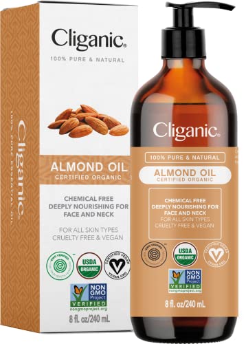 Cliganic Organic Sweet Almond Oil, 100% Pure (8oz) - for Skin & Hair, Nourishing Carrier Oil for Face & Body