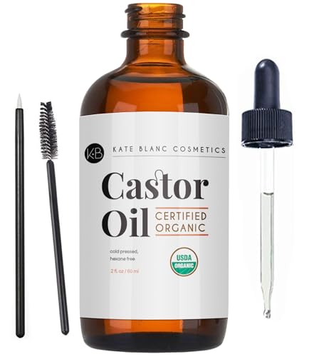 Kate Blanc Cosmetics Castor Oil Organic (2oz), 100% Pure, Cold Pressed, Hexane Free. Stimulate Growth for Hair, Eyelashes, Eyebrows. Hair Treatment Starter Kit & Skin Moisturizer