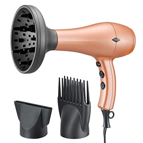 NITION Negative Ions Ceramic Hair Dryer with Diffuser Attachment Ionic Blow Dryer Quick Drying,1875 Watt 2 Speed / 3 Heat Settings,Cool Shot Button,Lightweight,Champagne Gold