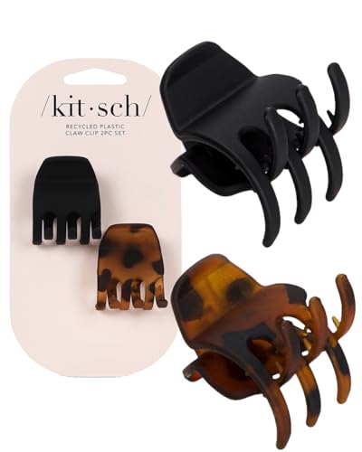 Kitsch Stylish Claw Clips for Thick & Thin Hair - Medium Hair Clips for Women & Teen Girls, 2pc (Black & Tortoise)