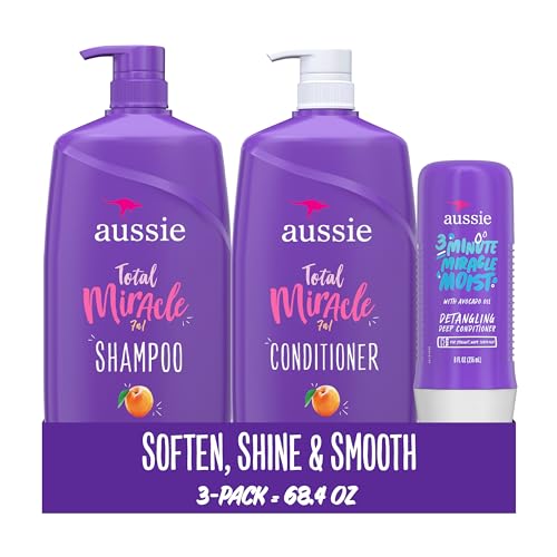 Aussie Total Miracle Hair Care Bundle: Shampoo, Conditioner, and 3 Minute Deep Treatment with Apricot & Macadamia Oil, Paraben-Free for Damaged Hair, 26.2 & 8 Fl Oz