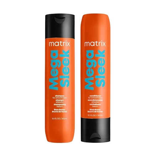 Matrix Mega Sleek Shampoo and Conditioner Set | Controls Frizz Leaving Hair Smooth & Shiny | Nourishes with Shea Butter | For Dry, Damaged Hair | Packaging May Vary