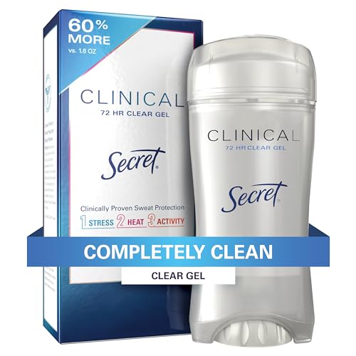 Secret Clinical Strength Deodorant and Antiperspirant for Women, Clear Gel, Completely Clean, 72 Hr Sweat Protection, 2.6 Oz