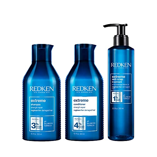 Redken Extreme Shampoo, Conditioner and Anti-Snap Leave-In Treatment | Anti-Breakage & Repair for Damaged Hair | Infused With Proteins