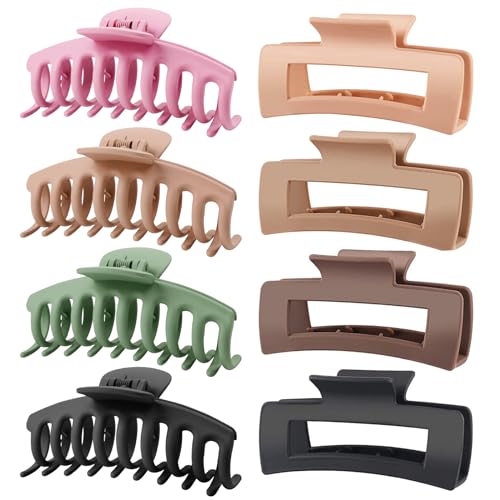 TOCESS 8 Pack Big Hair Claw Clips for Women Large Claw Clip for Thin Thick Curly Hair 90's Strong Hold 4.33 Inch Nonslip Matte Jumbo Hair Clips (8 Pcs)