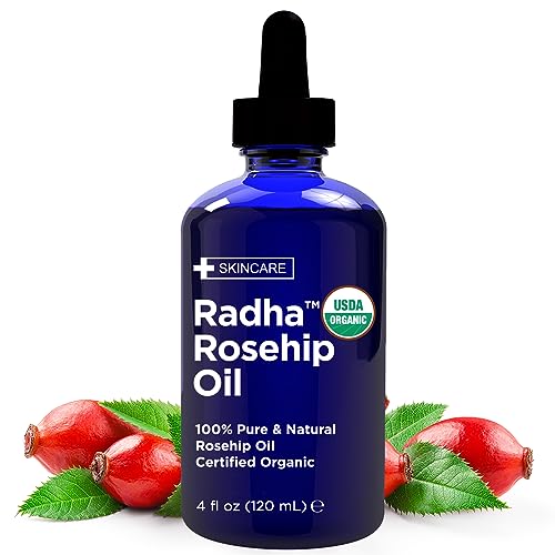 Radha Beauty 4 oz Organic Rosehip Seed Oil 100% Pure Cold Pressed - Great Carrier Oil for Moisturizing Face, Hair, Skin, & Nails, Hydrating and Nourishing