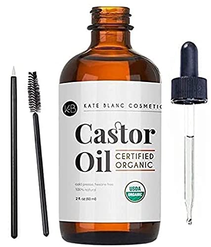 Kate Blanc Cosmetics Castor Oil (2oz), USDA Certified Organic, 100% Pure, Cold Pressed, Hexane Free. Stimulate Growth for Eyelashes, Eyebrows, Hair. Skin Moisturizer & Hair Treatment Starter Kit