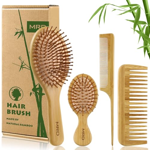 MRD Hair Brush Set, Natural Bamboo Comb Paddle Detangling Hairbrush, Wide-tooth and tail comb No Bristle, suit for Women Men and Kids Thick/Thin/Curly/Dry Hair Gift kit Yellow