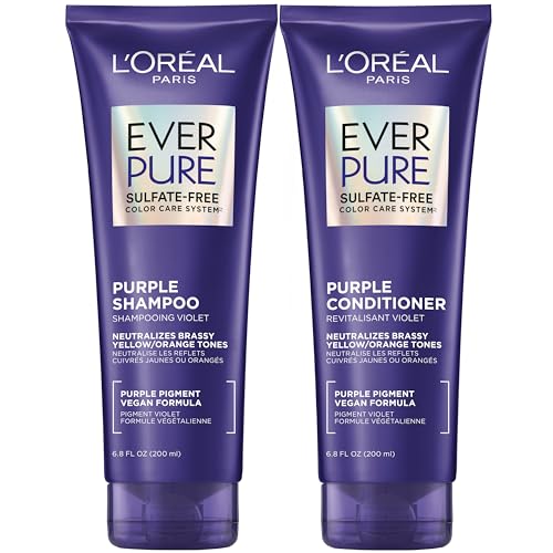 L’Oreal Paris EverPure Sulfate Free Brass Toning Purple Shampoo and Conditioner Set for Blonde, Bleached, Silver, or Brown Highlighted Hair, 1 Kit