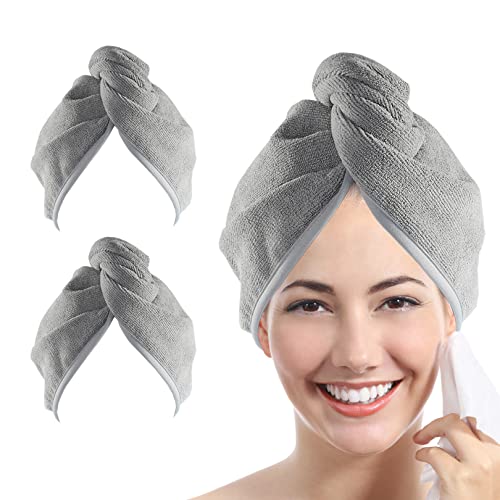 YoulerTex Ultra Plush Microfiber Hair Towel Wrap for Women, 2 Pack 10 inch X 26inch Purple, Ultra Absorbent Twist Hair Turban Drying Cap Hair Wrap, for Drying Curly, Long & Thick Hair (Gray)