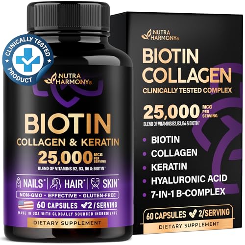 Biotin | Collagen | Keratin | Hyaluronic Acid - Clinically Tested Supplement - Hair Growth Support - Skin & Nails Complex 25000 mcg - B2 | B3 | B6 | B7 - Made in USA - For Women & Men | 60 Capsules