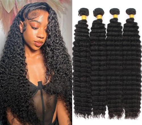 Brazilian Virgin Hair Deep Wave 4 Bundles 12A Brazilian Remy Virgin Deep Curly Human Hair Bundles 100% Unprocessed Virgin Remy Human Hair Weave Bundles Natural Black (20 22 24 26)