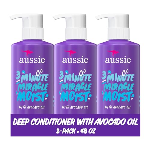 Aussie 3 Minute Miracle Moist Deep Conditioner for Dry Hair, Avocado & Jojoba Oil, Safe for Color Treated Hair, Nourishing Hydration, Silky Shine, Paraben-Free, 16 Fl Oz Each, Triple Pack