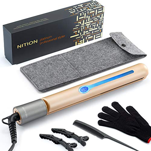 NITION Ceramic Tourmaline Hair Straighteners LCD Flat Iron MCH Fast Heating Up. Healthy Home Straightening Styling Tools with Travel Pouch Bag. 265-450°F Adjustable. 1' Smooth 3D Plate. Dual Voltage