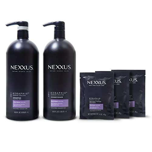 Nexxus Keraphix Shampoo and Conditioner - Damaged Hair Treatment System with Keratin Protein and Black Rice, 2 Count & 3 Repair Masks Treatment, 33.8 oz, 1.5 oz, 3 Count, 5 Count ( Pack of 1)